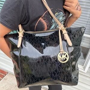 Michael Kors Black and Tan Tote with Monogram Charm